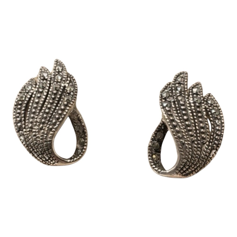 Vintage Sterling Silver 925 Marcasite Earrings SD Hallmark Abstract Leaf Studs