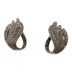 Vintage Sterling Silver 925 Marcasite Earrings SD Hallmark Abstract Leaf Studs