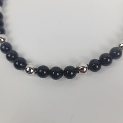 Vtg 80s~Napier Faux Onyx Beaded Necklace~Black~Silver Tone~18″