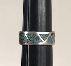 925 Sterling Silver Ring Band Blue Turquoise Inlay Triangle Pattern Size 8