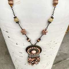 VTG VCLM Signed Boho Statement Medallion Necklace Peach Wood Bead Fringe Fringe