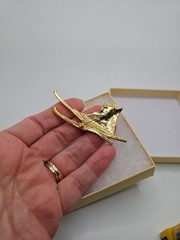 Vintage Goldtone Ski Brooch Sweatet Jacket Statement Winter Sport