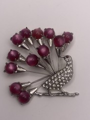 Vintage Fabulous Large Figural Peacock Brooch with Pink Moon-Glow Stones
