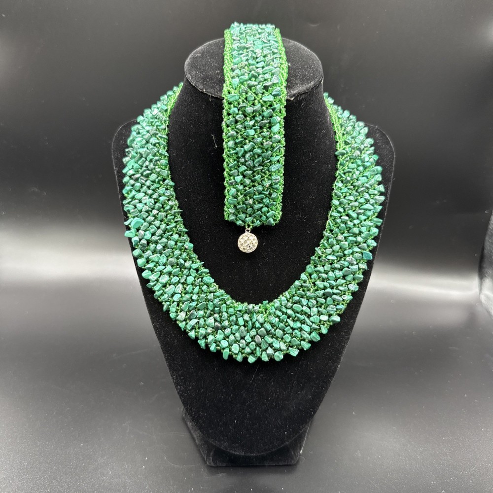 Vintage Beaded Woven Malachite Necklace And Bracelet – 16” Necklace 7” Bracelet