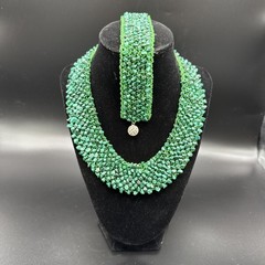 Vintage Beaded Woven Malachite Necklace And Bracelet – 16” Necklace 7” Bracelet