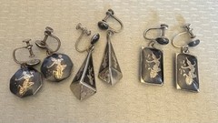 Vintage Siam Sterling Silver Niello Enamel Screw Back Earrings Dangle Drop LOT 3