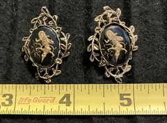 Vintage Siam/Thailand Golden Goddess Black Lucite Link Bracelet & Earrings