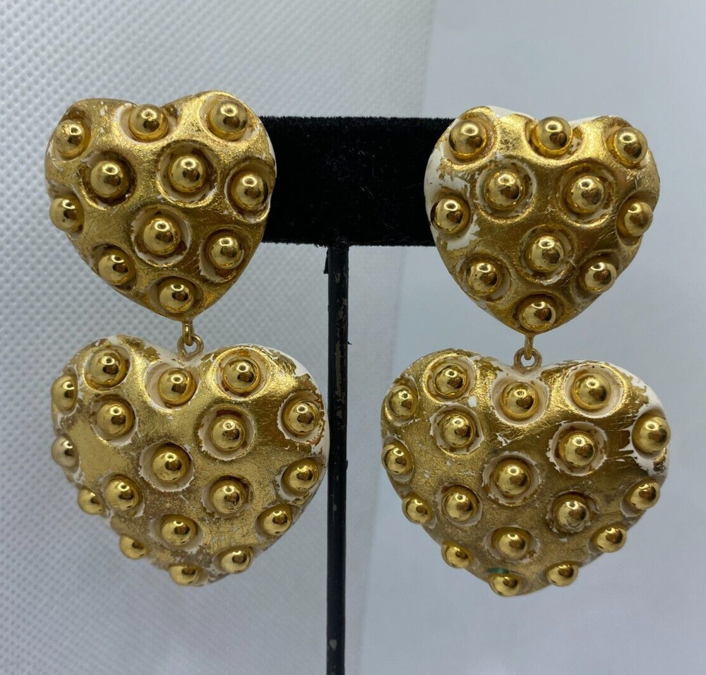 Vintage Gilt Resin Heart Dangle Pierced Earrings Gold Ball Studded 3″ Long Drop