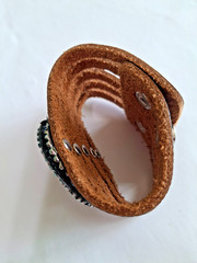 Brown Leather Snap Band Wrist Bracelet with Faux Black Stone / Rhinestones
