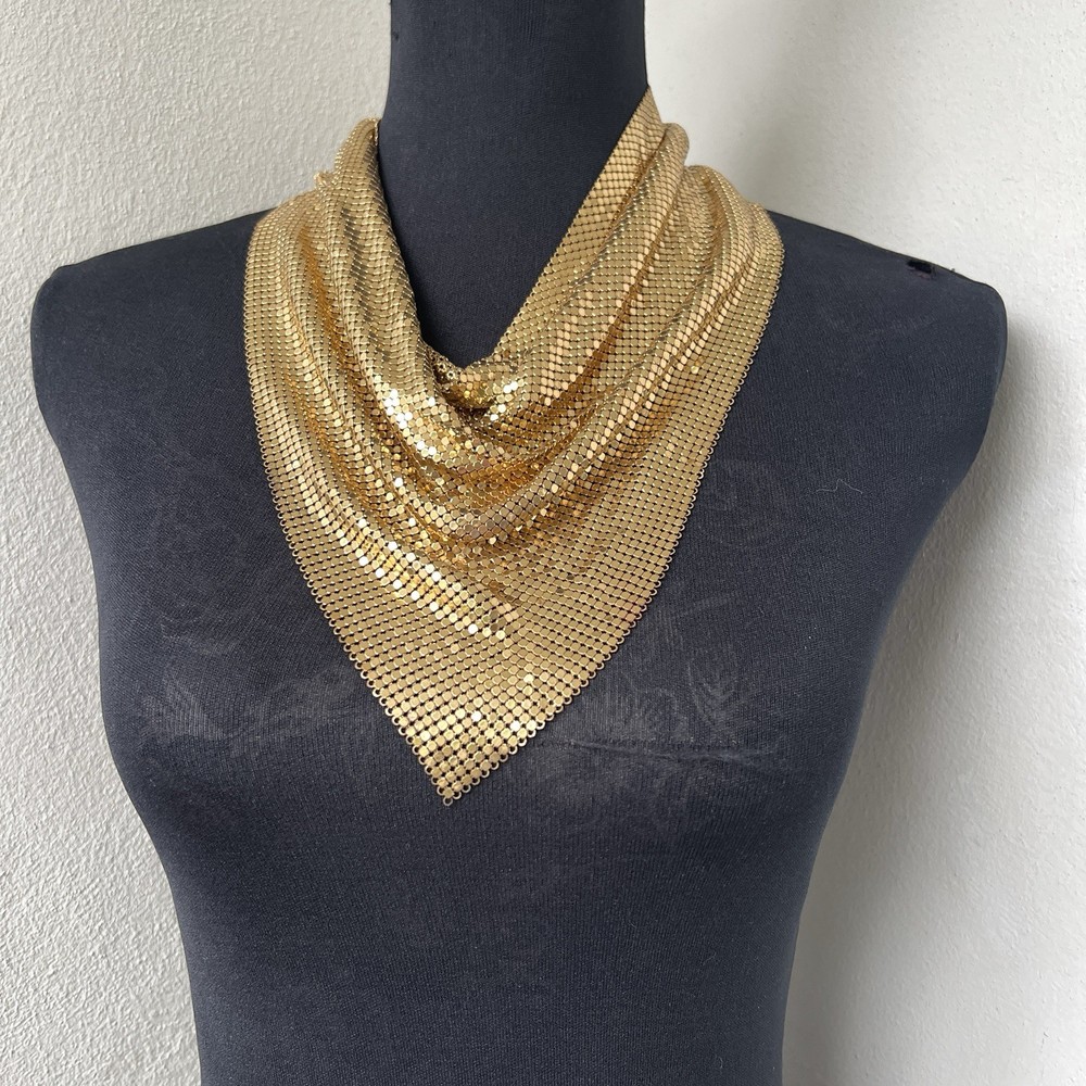 XL Vintage Chainmail Mesh Disco Scarf Bib Necklace Gold Bandanna Collar Cowl 24”