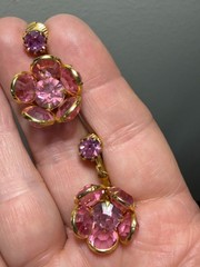Vintage Pink Floral Rhinestone Clip Dangle Earrings Gold Tone Filigree Glamour