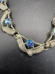 Vintage Aurora Borealis Blue Rhinestone Choker Necklace Silver Tone Textured MCM