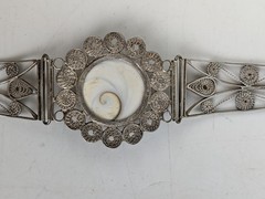 Vintage 800 Silver Filigree Shiva Eye Shell Bracelet