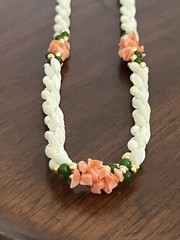Vintage Beachy Necklace 17″ – Mother of Pearl Pink Coral 3 Strand Twisted