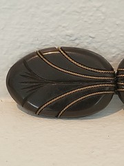Vtg Bakelite Belt Buckle Chocolate Brown Gold Tone Accent Carved Belt Buckle