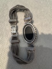 Vinta 925 Sterling Silver Black Onyx Marcasite Multi Strand Floral Bracelet 8.5”
