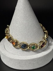 Vintage Rhinestone Bracelet Multi Color Blue Green Purple Gold Tone 7”