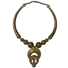 Vintage Brass Etruscan Necklace Tribal Statement Egyptian Revival Art Deco