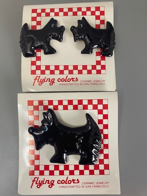 Vintage Flying Colors Ceramic Scottie Dog / Scotty Dog Pin & Earrings Set