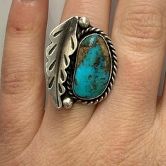 Vintage Handmade Sterling Silver Natural Turquoise Feather Ring Size 6 3/4