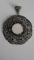 Vintage Mother of Pearl Silvertone Filigree Open work Round Pendant