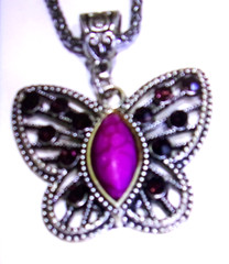 Vtg Butterfly Purple Howlite,Red Ab Crystals ,Plated Silver Tone Metal Necklace