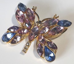 Vintage Gold-tone Butterfly Brooch w/ Marquise Pastel Pink & Blue Rhinestones