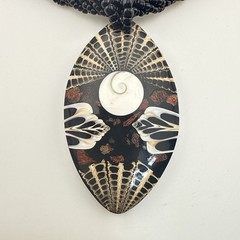 Sajen Necklace Onyx Inlay Beaded Shell Artisan Pendant Oval Black Artsy Tribal