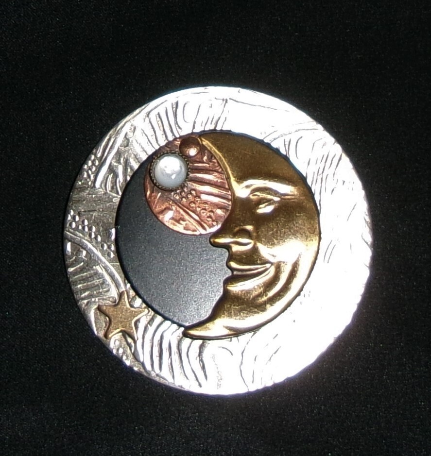Silver Forest Brooch Mixed Metals Celestial Man in the Moon Made in Vermont