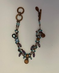 Vintage Cookie Lee Blue Rhinestone On Copper Charm Bracelet Adj. 7-7.75” Toggle