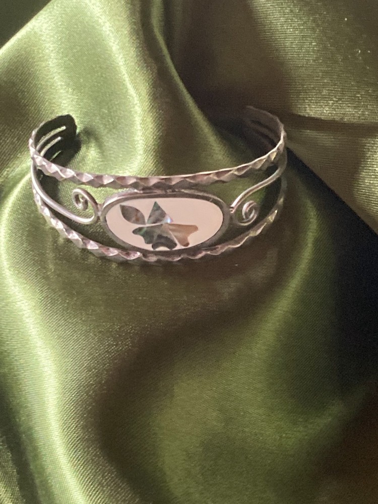 Vtg Engraved Nickel Silver Floral Cuff Bracelet Adjustable