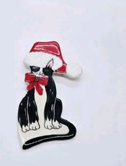 Christmas CAT Brooch Kitty Cat Pin Ceramic Large Holiday Jewelry 3.5 in