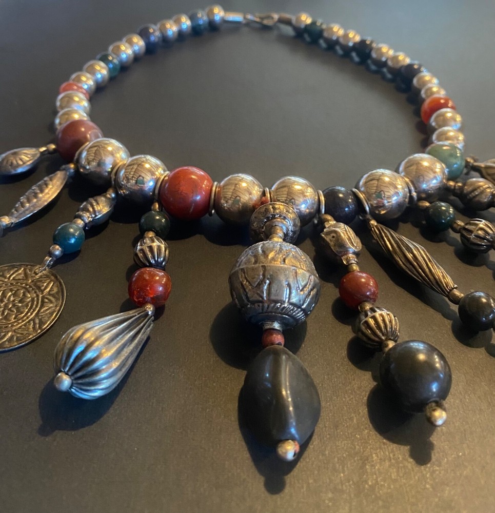 VTG OLD NATURAL STONE SILVER TONE BEAD NECKLACE NATIVE AMERICAN DROP PENDANT