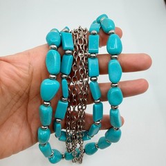 Vintage Silver Tone Turquoise Color Necklace Multi Strand Chunky Layered Chain
