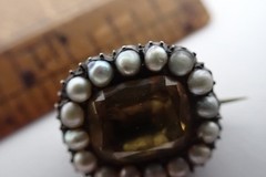 Antique Georgian English Brooch Yellow Topaz w/Split Pearl Halo Gold Setting