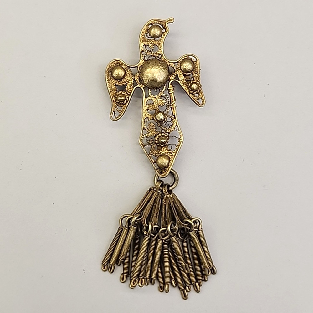Vintage Eagle Brooch Gold Filled Filigree Tassel C Clasp Artisan Antique 3.5″