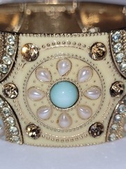 Vintage Wide Cuff Cloisonné Bracelet Ornate Enamel Rhinestone Gold-tone Jewelry