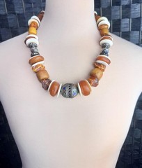 Moroccan Necklace, With Resin Copal, Enamel & Buffalo Horn Discs