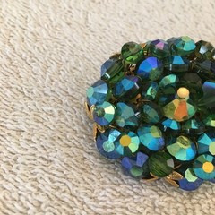 Vintage Brooch AB Crystal / Glass Beads Faceted Heavy Blues & Greens Sparkly