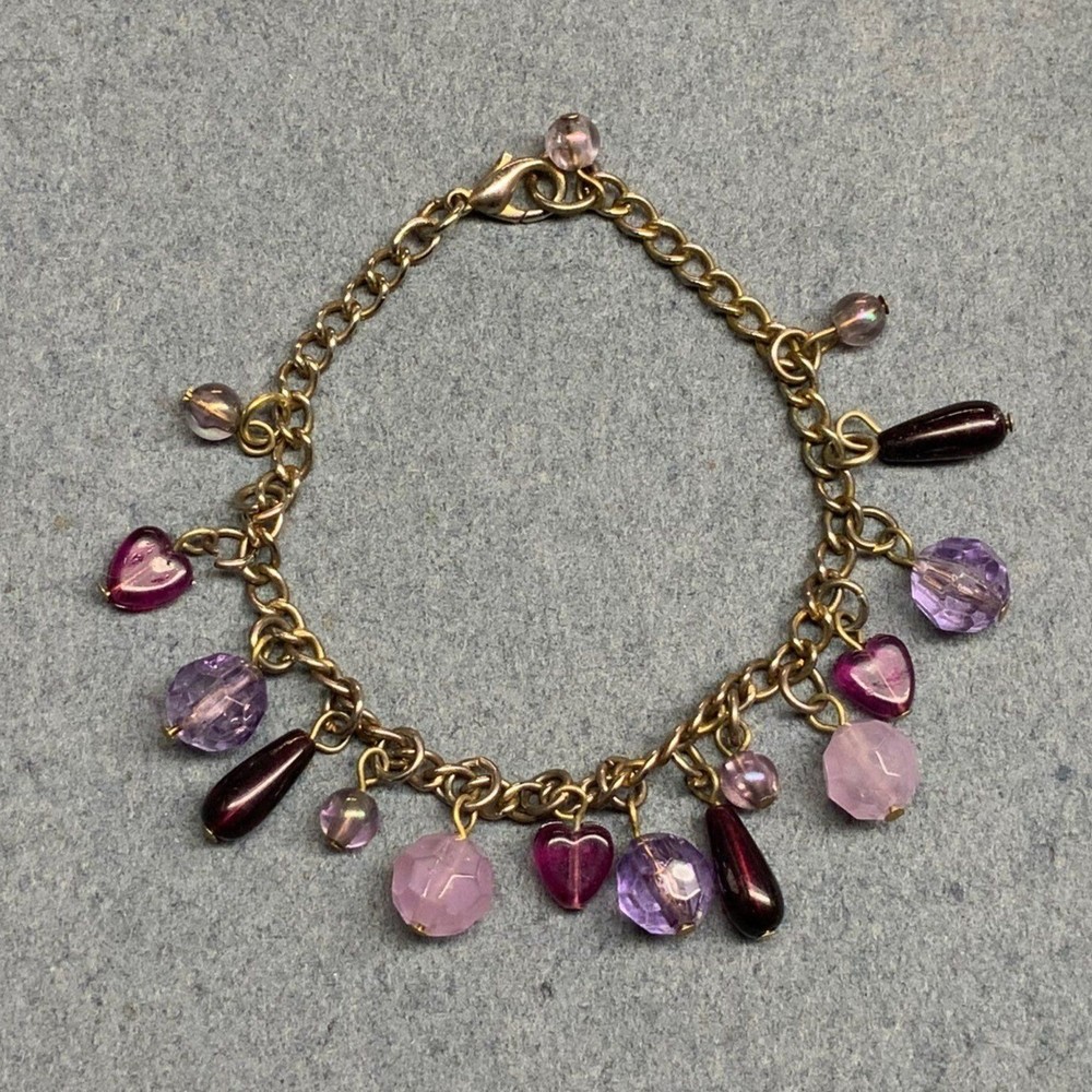 Vintage Charm Bracelet 7 In Purple Beads Heart Silver Chain Valentine Love Retro
