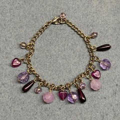 Vintage Charm Bracelet 7 In Purple Beads Heart Silver Chain Valentine Love Retro