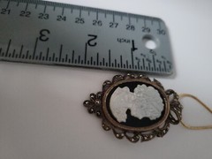 Vntg Cameo .925, marcasite, onyx, MOP pendant w/ new .925 goldplated chain.
