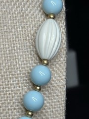 Vintage Bead Necklace Pastel Blue White Rib Textured Lucite Brass Spacer 28”