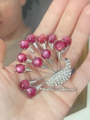 Vintage Fabulous Large Figural Peacock Brooch with Pink Moon-Glow Stones