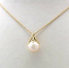 14k Gold Akoya Cream Pearl Pendant Necklace Vintage 15in Child 2gr