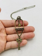Vintage Bronze Tone Lovebird in Gilded Cage Dove Heart Lock Key 18 in Necklace