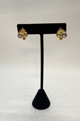 Vintage 14K Yellow Gold Amethyst Peridot Citrine Geometric Post Earrings 5/8″