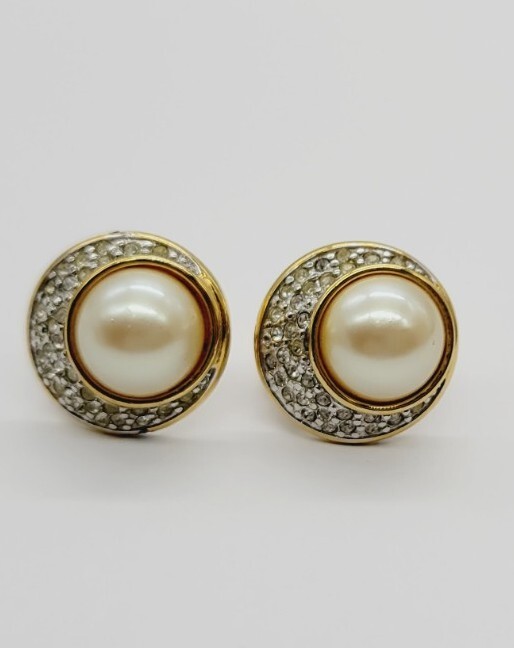 MONET Clip Earring Faux pearl PAVE crystal accent Gold tone Vintage .75 in