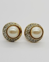MONET Clip Earring Faux pearl PAVE crystal accent Gold tone Vintage .75 in