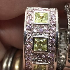 Vintage Silver tone Pink & Peridot Cubic Zirconia Hoop Pierced Earrings